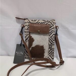 Myra Bag Brown & White Patterned Crossbody with Cowhide Pocket